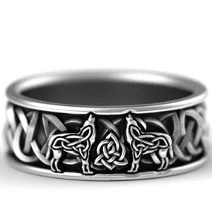 Nordic Viking Wolf Celtic Knot Silver Band Ring